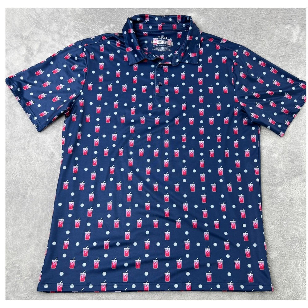 LRD Performance Drink Print Golf Polo Size L Navy Blue Mens Stretch Short Sleeve